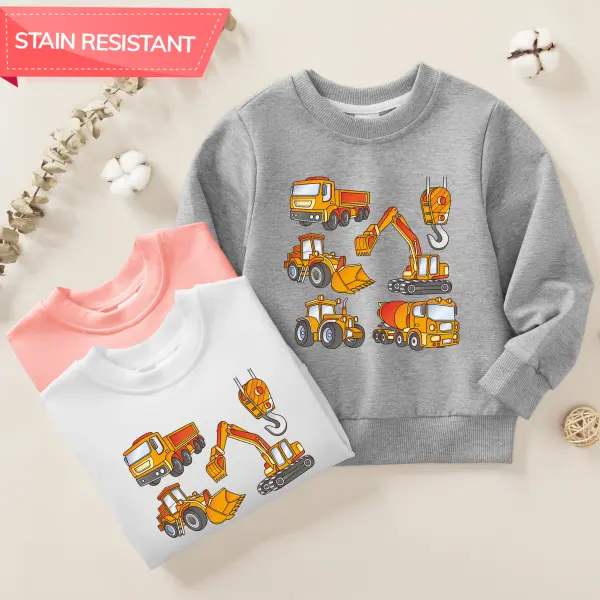 【12M-9Y】Boy Excavator And Engineering Vehicle Print Cotton Stain Resistant Long Sleeve Sweatshirt - Thefolls.com 