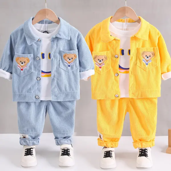 【12M-5Y】3-piece Boy Casual Cotton Smiley Print Long Sleeve T-shirt And Corduroy Bear Embroidered Pocket Lapel Jacket And Pants Set - Thefolls.com 