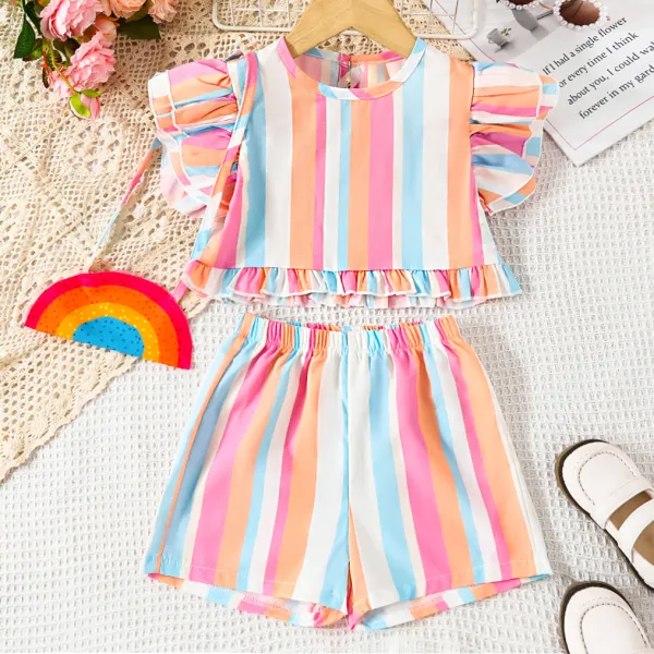 【2Y-7Y】3-Piece Girls' Fashionable Rainbow-Colored Striped Ruffle Sleeve Top And Shorts Set With Bag - Thefolls.com 