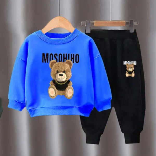 【18M-10Y】2-piece Unisex Slack Bear Print Crewneck Sweatshirt And Pants Set - Thefolls.com 