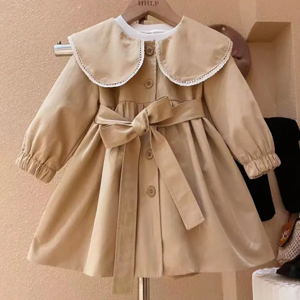 【12M-8Y】Girls Stylish Khaki Lapel Trench Coat With Belt - Thefolls.com 