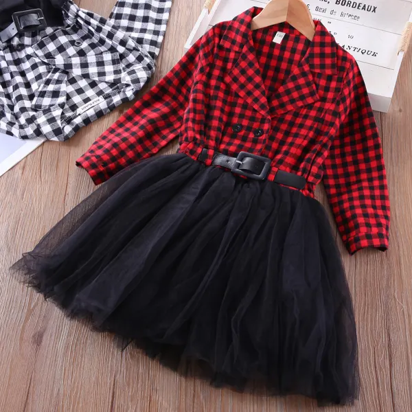 【2Y-8Y】Girls Plaid Mesh Long-sleeved Dress - Thefolls.com 