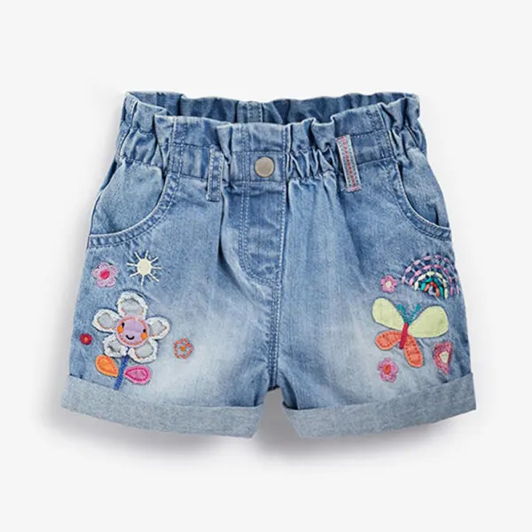 【18M-9Y】Girl Sweet Flower Butterfly Embroidered Denim Shorts - Thefolls.com 