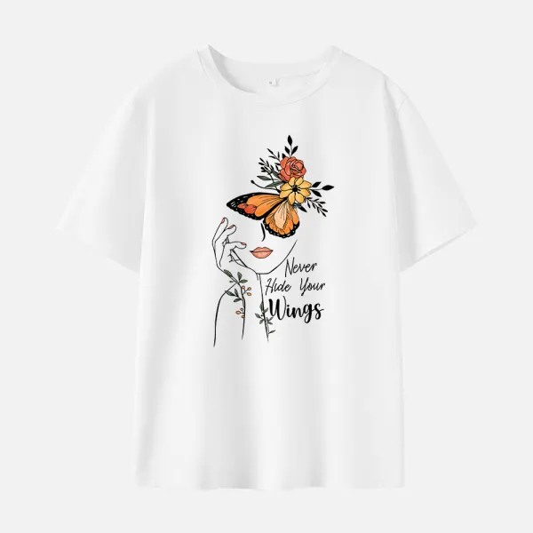 Women Cotton Stain Resistant Butterfly Letters Print Short Sleeve Tee - Thefolls.com 