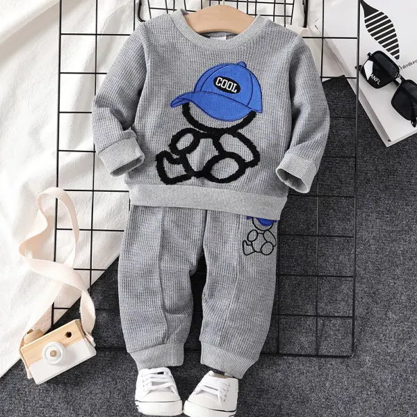 【3M-24M】2-piece Baby Boys Gray Bear Embroidered Round Neck Long Sleeve Sweatshirt And Pants Set - Thefolls.com 