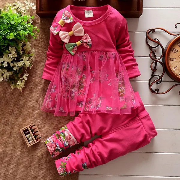 【12M-5Y】2-piece Girls Floral Mesh Bow Long-sleeved T-shirt And Pants Set - Thefolls.com 