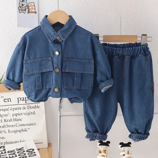 【12M-5Y】2-piece Boys Fashionable Blue Denim Jacket And Jeans Set - Thefolls.com 