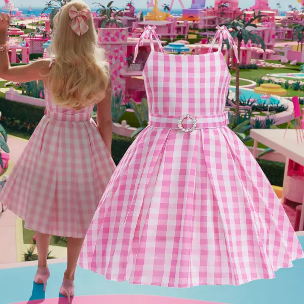 【2Y-10Y】2-piece Girl Sweet Pink Plaid Barbie Sling Princess Dress With Headband - Thefolls.com 