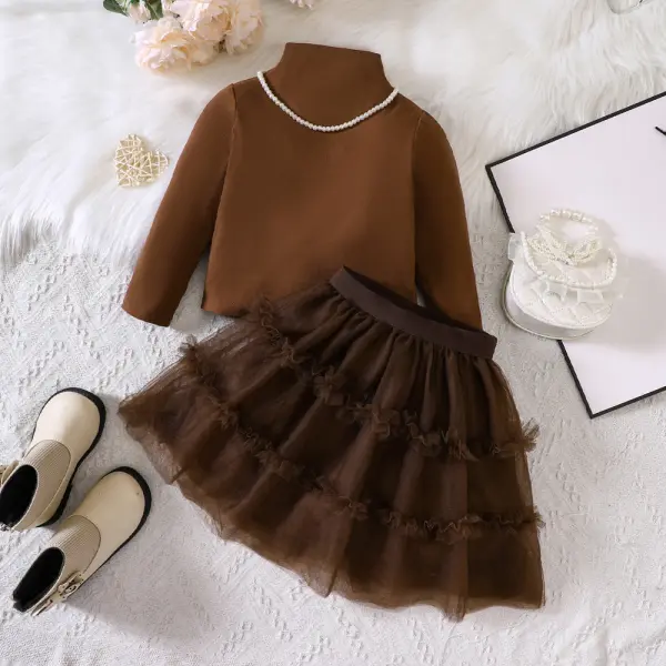 【18M-6Y】2-piece Girl Sweet Solid Brown Long Sleeve T-shirt And Mesh Puff Skirt Set - Thefolls.com 