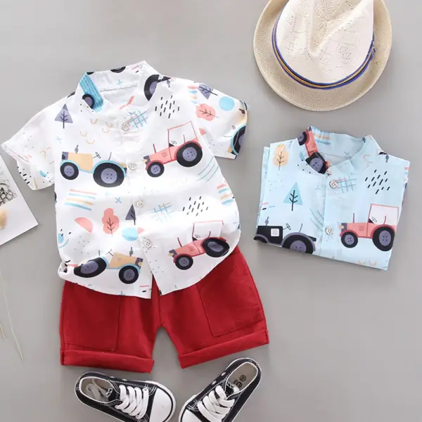 【9M-3Y】2-piece Boys Car Print Short-sleeved Shirt And Shorts Set - Thefolls.com 