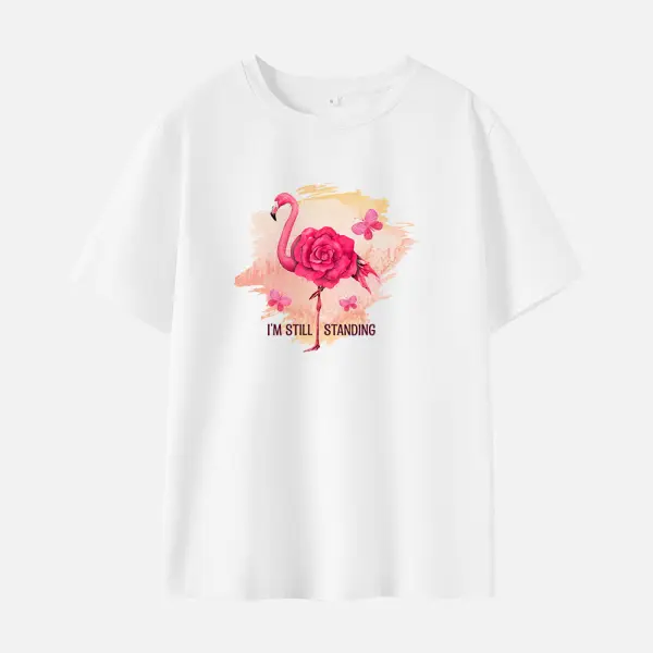 Women Cotton Stain Resistant Flamingo Print Short Sleeve Tee - Thefolls.com 