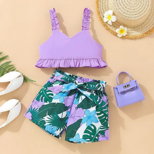 【2Y-7Y】Girl Sweet Purple Ruffle Camisole Top And Floral Print Shorts Set - Thefolls.com 