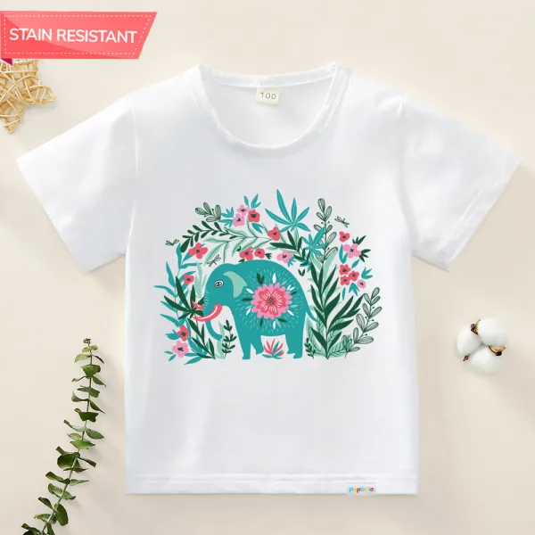 【12M-9Y】Girls Cotton Stain Resistant Elephant Pattern Short Sleeve Tee - Thefolls.com 