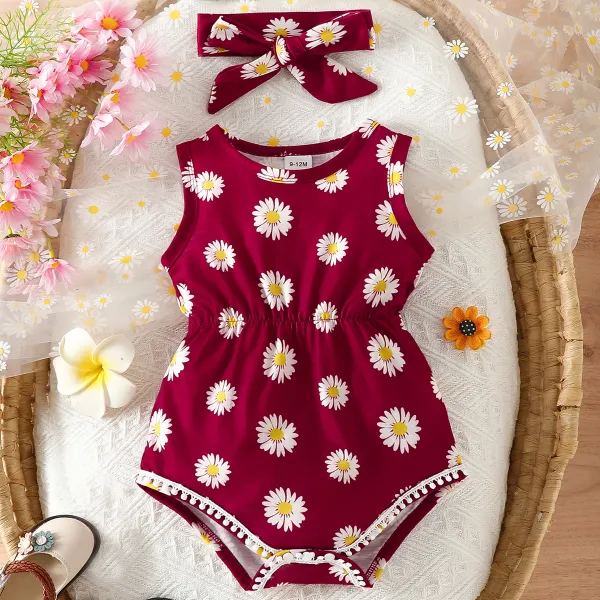 【0M-18M】2-piece Baby Girls Cute Floral Print Romper With Hair Band - Thefolls.com 