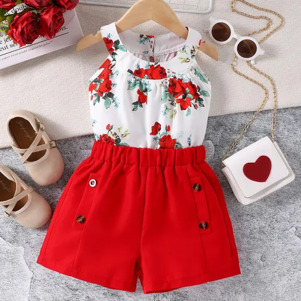 【3Y-7Y】2-piece Girls Red Floral Off-shoulder Top And Shorts Set - Thefolls.com 