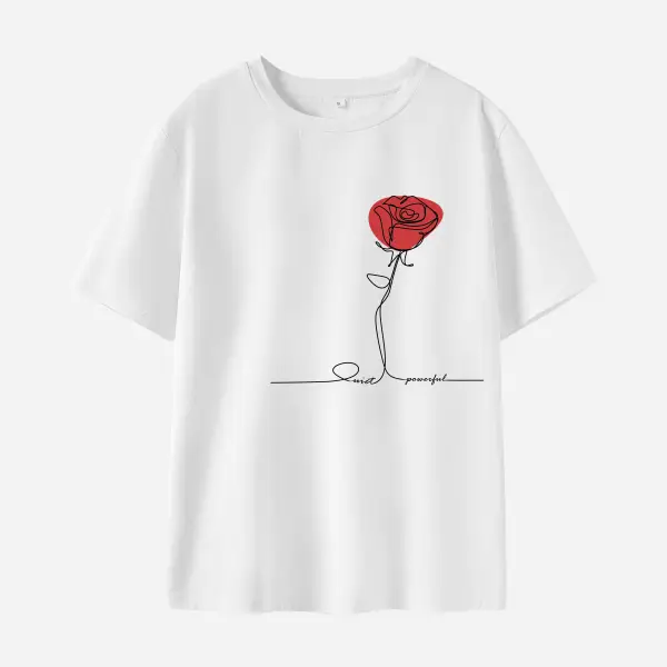 Women Cotton Stain Resistant Red Roses And Letters Print Short Sleeve T-Shirt - Thefolls.com 