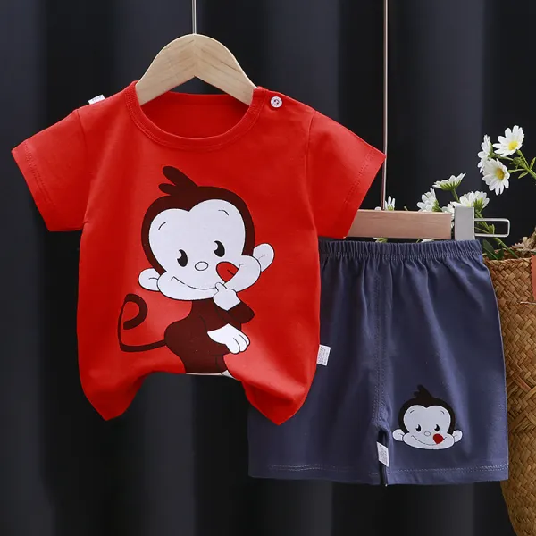 【9M-7Y】Boy Casual Cotton Monkey Cartoon Print Short Sleeve T-shirt And Shorts Set - Thefolls.com 