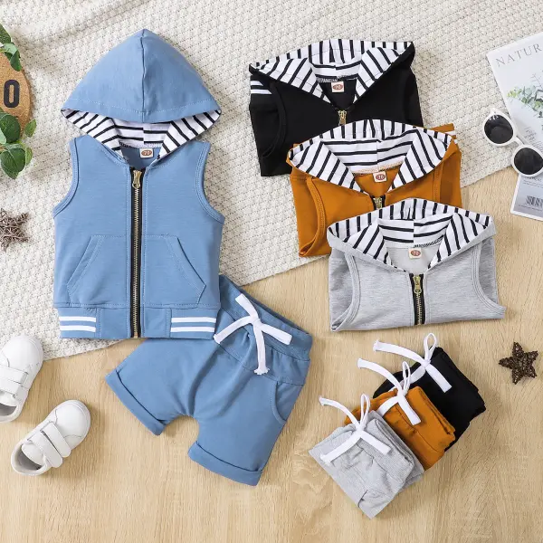 【3M-3Y】Baby Boy Casual Solid Color Cotton Hooded Vest Coat And Shorts Set - 8013 - Thefolls.com 