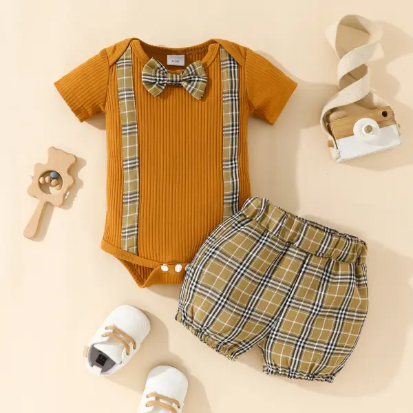 【0M-18M】2-piece Baby Boy Bow Tie Short-sleeved Romper And Plaid Shorts Set - Thefolls.com 