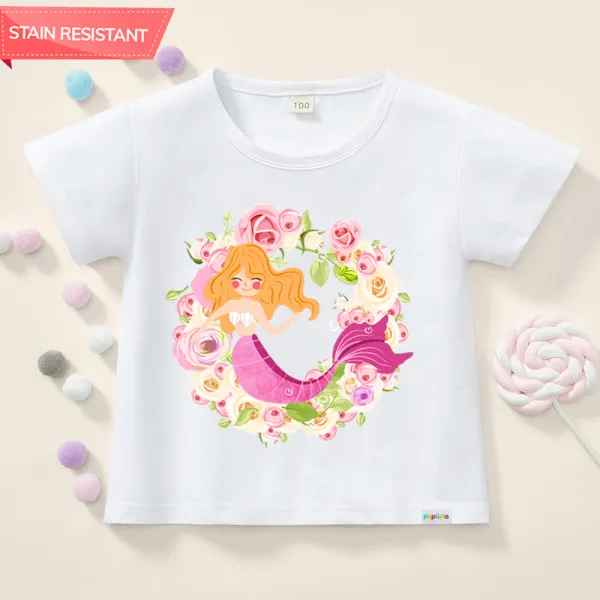 【12M-9Y】Girls Cute Mermaid And Flower Print Cotton Stain Resistant Short Sleeve T-shirt - 7146 - Thefolls.com 