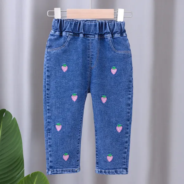 【12M-5Y】Girls Cute Bunny And Cartoon Embroidery Blue Jeans - Thefolls.com 