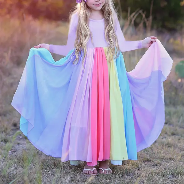 【12M-7Y】Girls Sweet Round Neck Long Sleeve Rainbow Mesh Dress - 33179 - Thefolls.com 