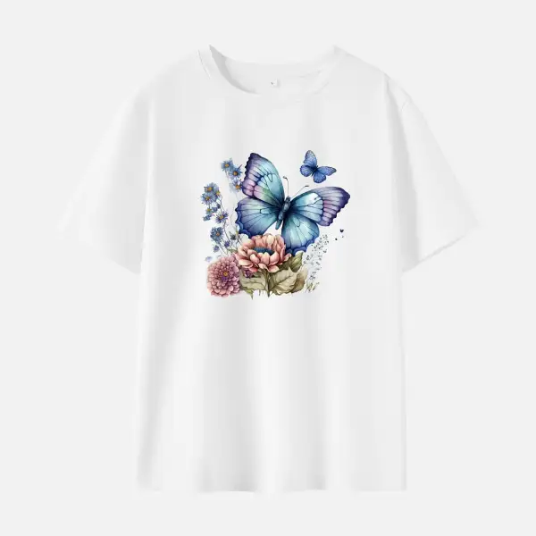 Women Flower Butterfly Print Cotton Stain Resistant Short Sleeve T-shirt - Thefolls.com 