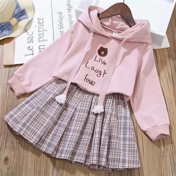 【3Y-13Y】2-piece Girls Casual Letters And Bear Embroidered Hooded Sweatshirt And Plaid Pleated Skirt Set - 34144 - Thefolls.com 