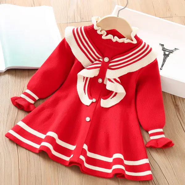 【18M-7Y】Girls Fashion Ruffle Collar Long Sleeve Sweater Dress - Thefolls.com 