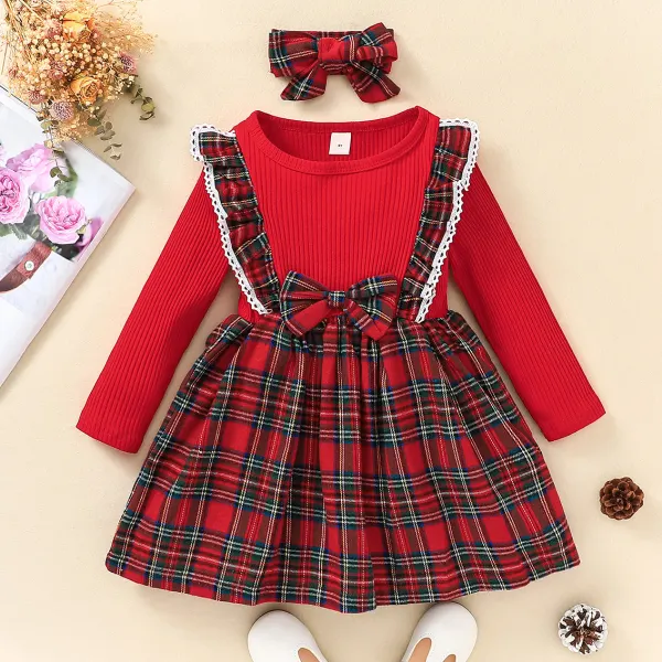 【3M-7Y】2-piece Girls Sweet Plaid Long Sleeve Dress With Hairband - 33255 - Thefolls.com 