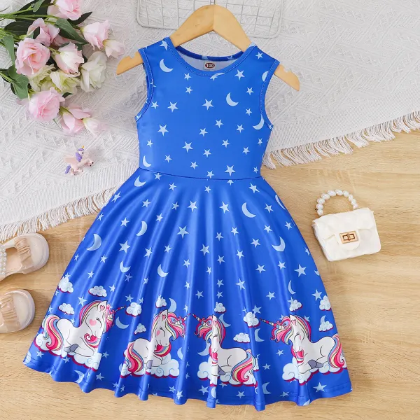 【2Y-8Y】Girl Cute Blue Unicorn Print Sleeveless Dress - Thefolls.com 