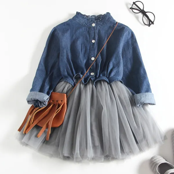 【18M-8Y】Girls Fashion Denim And Mesh Long Sleeve Dress (Bag Not Included) - Thefolls.com 