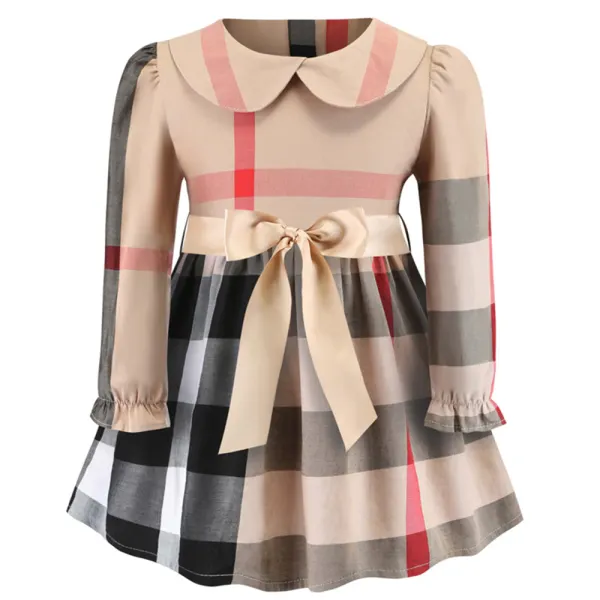 【2Y-8Y】Girls Cotton Khaki Plaid Lapel Long Sleeve Dress - 33260 - Delovelybug.com 