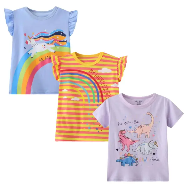 【18M-8Y】3-piece Girl Cotton Cute Rainbow Unicorn Print Ruffle T-shirt - Thefolls.com 