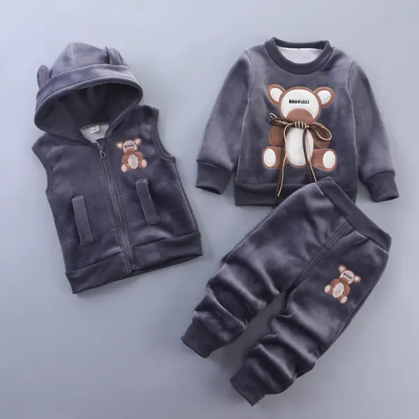 【12M-4Y】3-piece Unisex Cute Warm Monkey Embroidered Bowknot Round Neck Sweatshirt Hooded Vest Coat And Pants Set - Thefolls.com 