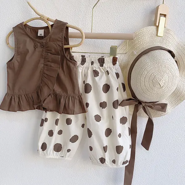 【18M-9Y】3-piece Girls Brown Top And Polka Dot Pants Set With Hat - 34307 - Thefolls.com 