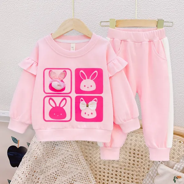 【18M-6Y】Girl Cute Cotton Rabbit Print Ruffle Sweatshirt And Pants Set - Thefolls.com 