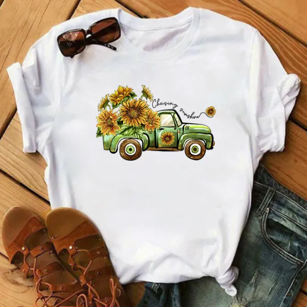 Woman Cotton Stain Resistant Flowers And Cars Print Short Sleeve T-shirt - Thefolls.com 