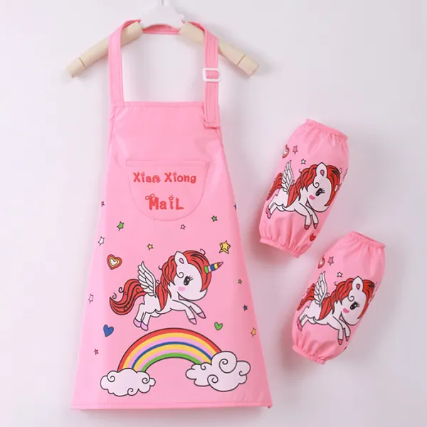 【2Y-10Y】2-piece Kids Cute Cartoon Print Waterproof Apron And Sleeve Cover Set - Thefolls.com 