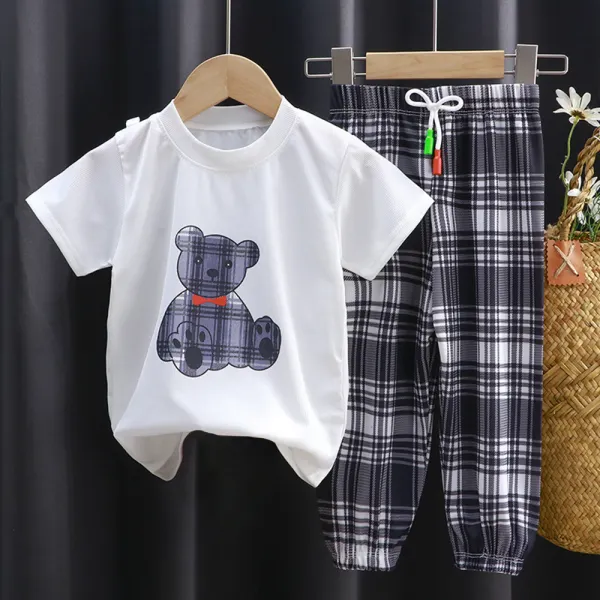 【18M-11Y】Unisex Casual Bear Print Short Sleeve T-shirt And Plaid Pants Set - Thefolls.com 