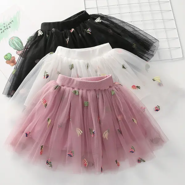 【18M-9Y】Girls Floral Embroidery Mesh Skirt - Thefolls.com 