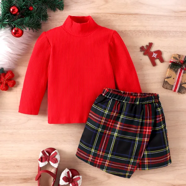 【12M-5Y】2-piece Girl Christmas New Year Red Puff Sleeve T-shirt And Plaid Skirt Set - Thefolls.com 