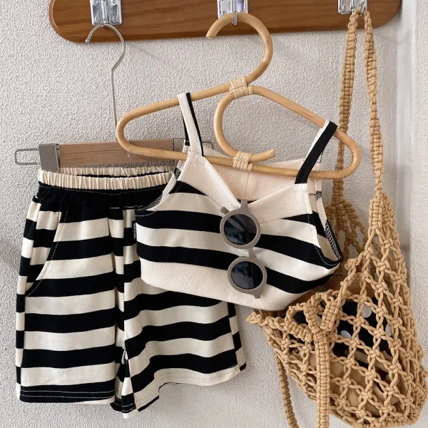 【12M-7Y】Girl Sweet Cotton Black And White Stripe Camisole And Shorts Set - 34317 - Thefolls.com 