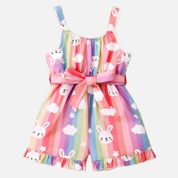 【18M-7Y】Girl Sweet Cute Rainbow Striped Rabbit Print Sleeveless Jumpsuit - 3904 - Thefolls.com 