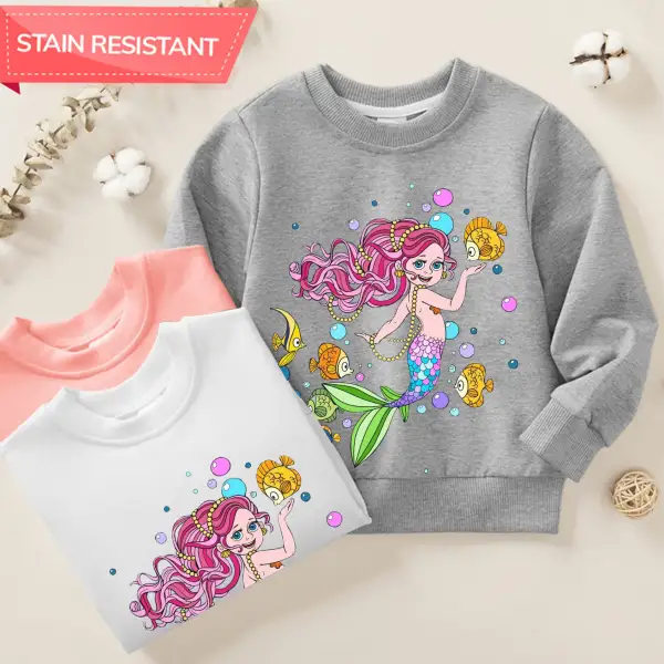 【12M-9Y】Girl Cotton Stain Resistant Pretty Mermaid Print Long Sleeve Sweatshirt - Thefolls.com 