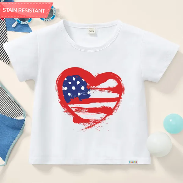 【12M-9Y】Kids Casual Independence Day Flag Print Cotton Stain Resistant Short Sleeve T-shirt - Thefolls.com 