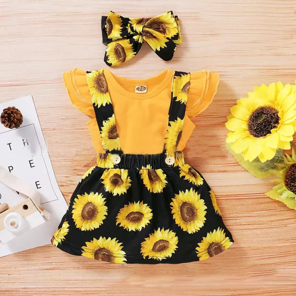 【9M-3Y】3-piece Baby Girl Solid Color Ruffle Romper And Sunflower Print Suspender Skirt Set - Thefolls.com 