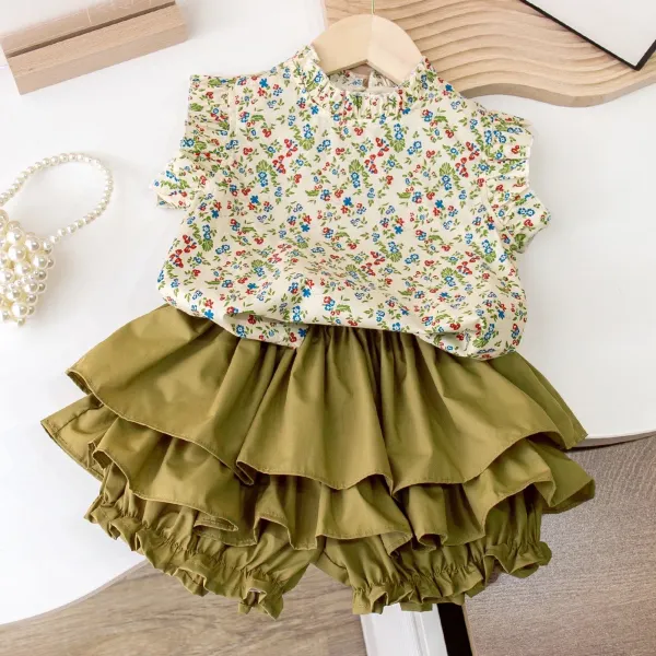 【2Y-8Y】2-piece Girls Sweet Flower Print Top And Ruffle Shorts Set - Thefolls.com 