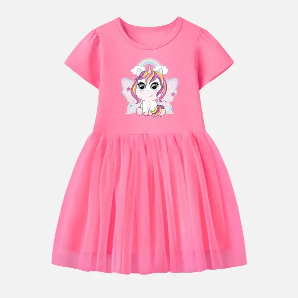 【12M-7Y】Girl Unicorn Print Cotton Stain Resistant Cartoon Splicing Tulle Short Sleeve Dress - Thefolls.com 