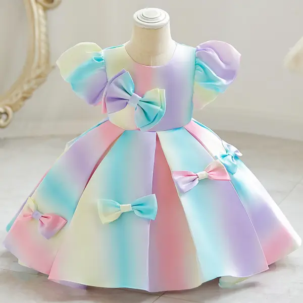 【9M-6Y】Girls Gradient Bow Short-sleeved Princess Dress - Thefolls.com 